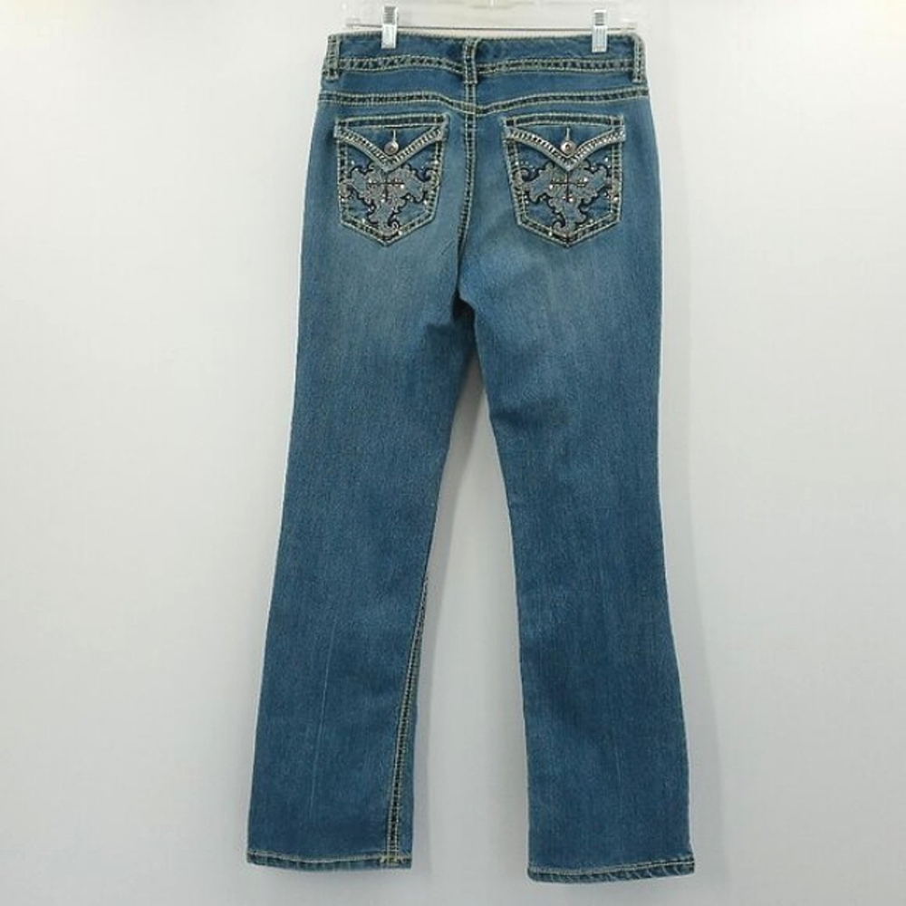 Nine West Annette Jeans Womens 6 / 27 Blue Bling Flap Pocket Bootcut Rhinestone